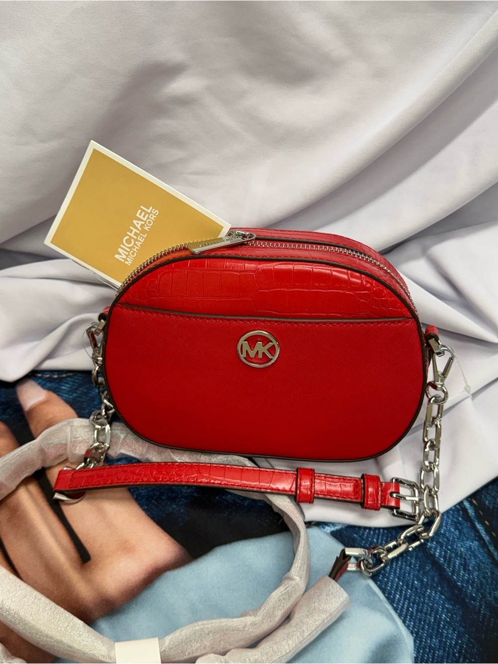 (new+tag) Michael Kors jet set glam oval crossbody fit iPhone Pro Max croc red - Picture 7 of 11